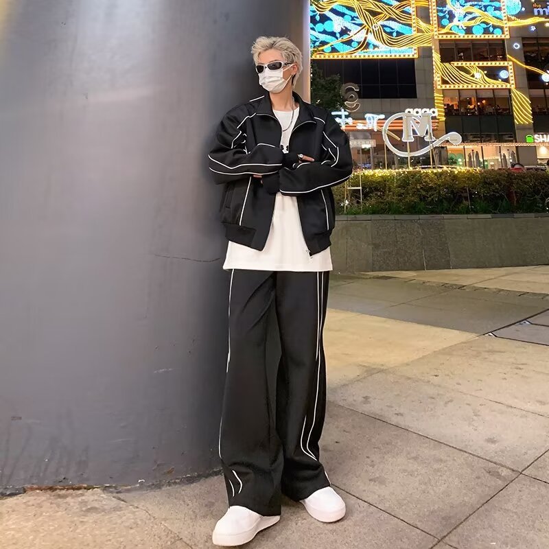 American Retro Jacket Striped Design Sense Gender-free Casual Sports Pants Trendy Handsome Fashionable suit Men