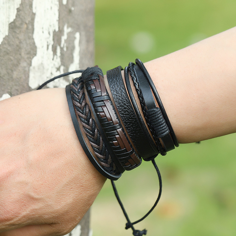 retro braided leather black bracelet 12-piece combination