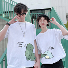 情侣装2022新款短袖T恤宽松港风韩版可爱卡通恐龙学生班服上衣