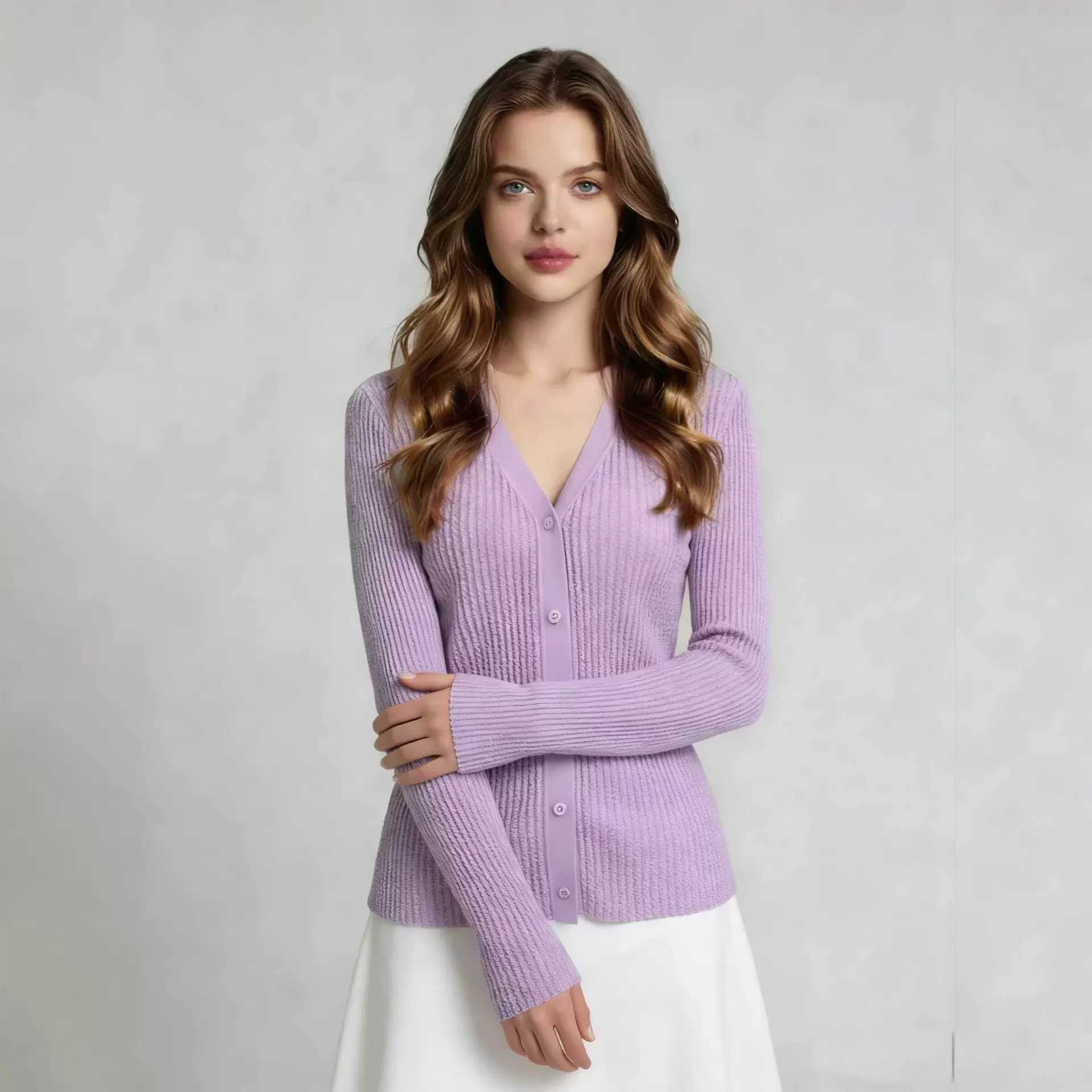 2026春季V领女士纯羊毛开衫100%巴素兰极细美丽诺羊毛显瘦羊毛衫