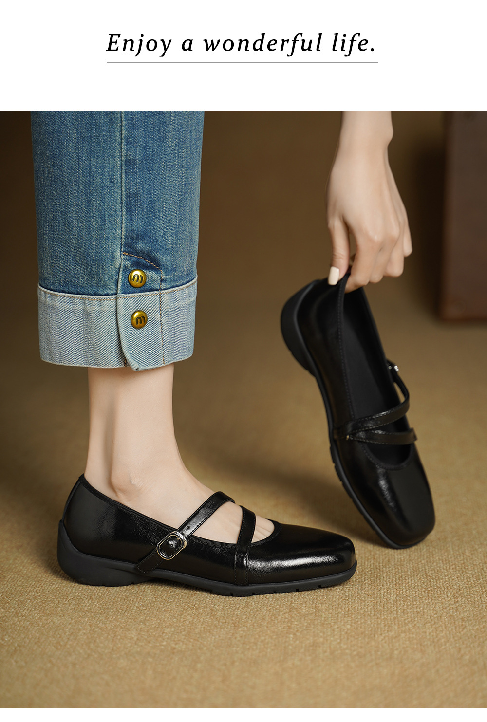 Giày Mary Jane nữ da cừu miệng nông đế bệt phong cách học sinh quai ngang khóa Velcro — đen chi tiết 7