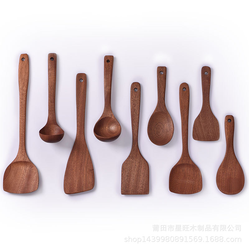 Venta directa de fábrica Ébano no herido espátula anti-escaldado cocina espátula de madera sin pintura cuchara de sopa de madera sólida sin cera gran cantidad Conghou
