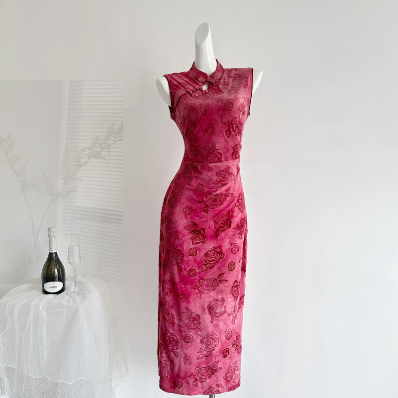 Ling Qian Zihe Rose Evening Story'New Chinese Style Flocked Rose Qipao' Women's Spring/Summer Stretch Knit Slim Fit Dress