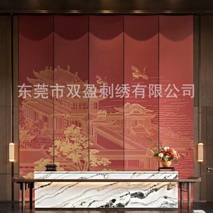 Chinese-style curved hard bag European-style relief carved special-shaped embroidery mural landscape flowers and birds ink background art
