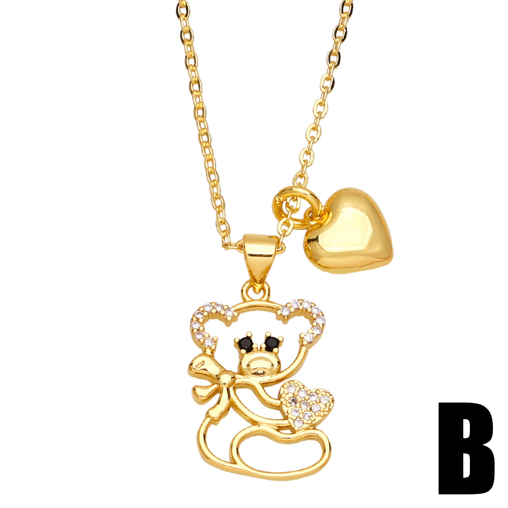 fashion double pendant copper necklace heart shape bear collarbone chain