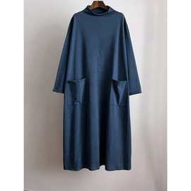 45系列女装连衣裙新款长袖蓝染水洗日系半高领领长裙