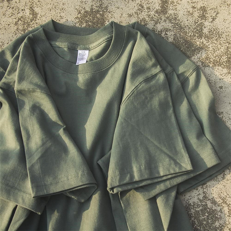 Green retro men's T-shirt for work pure cotton casual short-sleeved men's short-sleeved open truck bottoming shirt men's and women's solid color