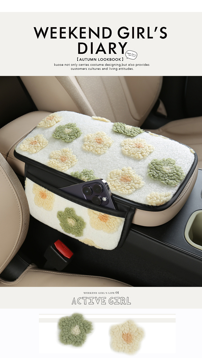 Women's Winter Cashmere Car Armrest Box Mat Sweet Little Flower Protective Pad Storage Storage Bag Tumeu Xiyin