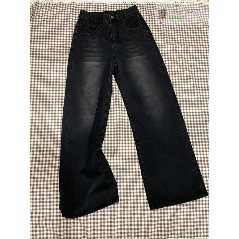 (2개) 빈티지 와이드 레그 청바지 여성용 블랙 그레이 하이 웨이스트 스트레이트 뉴 루즈 투약 슬리밍 트렌디 팬츠