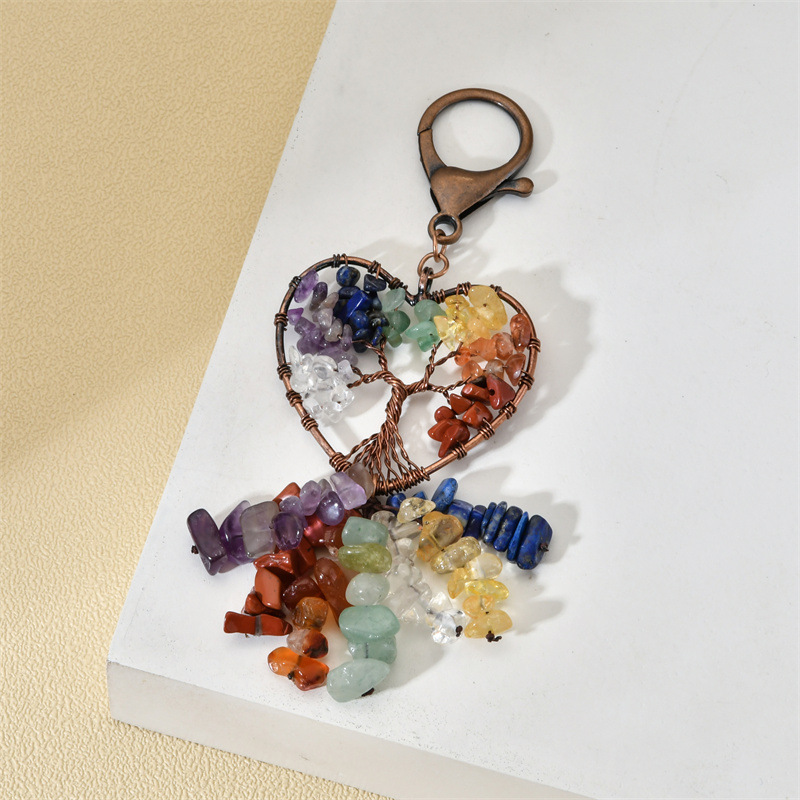 Grava natural ronda vida árbol sinuoso clave colgante colorido borla en forma de corazón tejido coche colgando adornos colgantes de pared