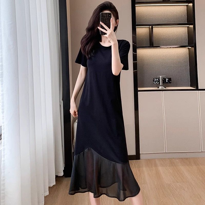 Irregular Patchwork Short-Sleeved Dress for Women, Loose-Fitting and Slimming, Round-Neck T-Shirt Long Dress, New Style