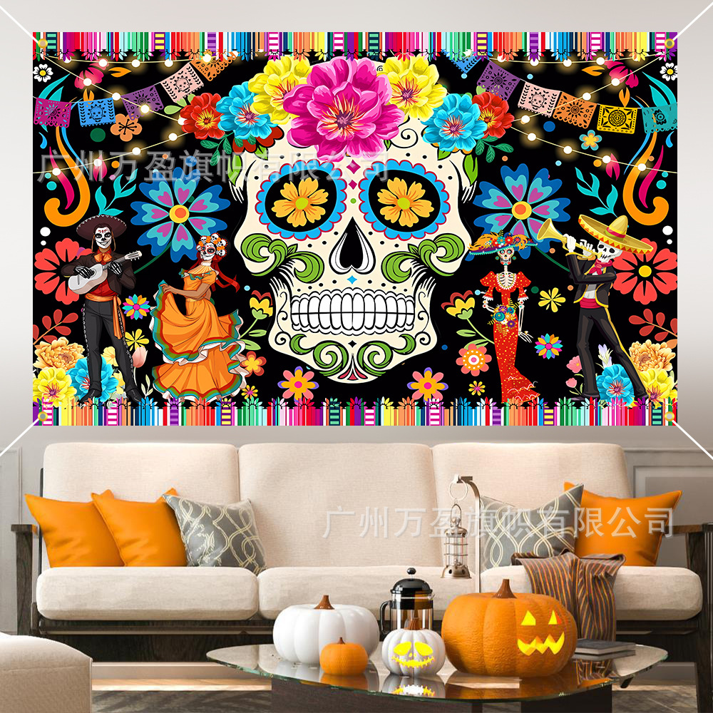 Tela de fondo de Halloween de Amazon Fiesta de vacaciones Escena de calavera grande Accesorios de decoración Día de los muertos Banderas Paño colgante