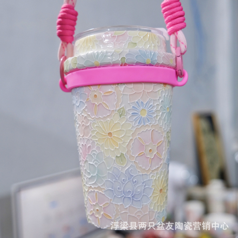 万花杯陶瓷水杯随行杯咖啡杯景德镇手绘陶瓷密封吸管杯送礼礼品|undefined