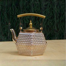 高硼硅玻璃茶壶琥珀色六角气泡不锈钢金色网金把耐高温防爆提梁壶