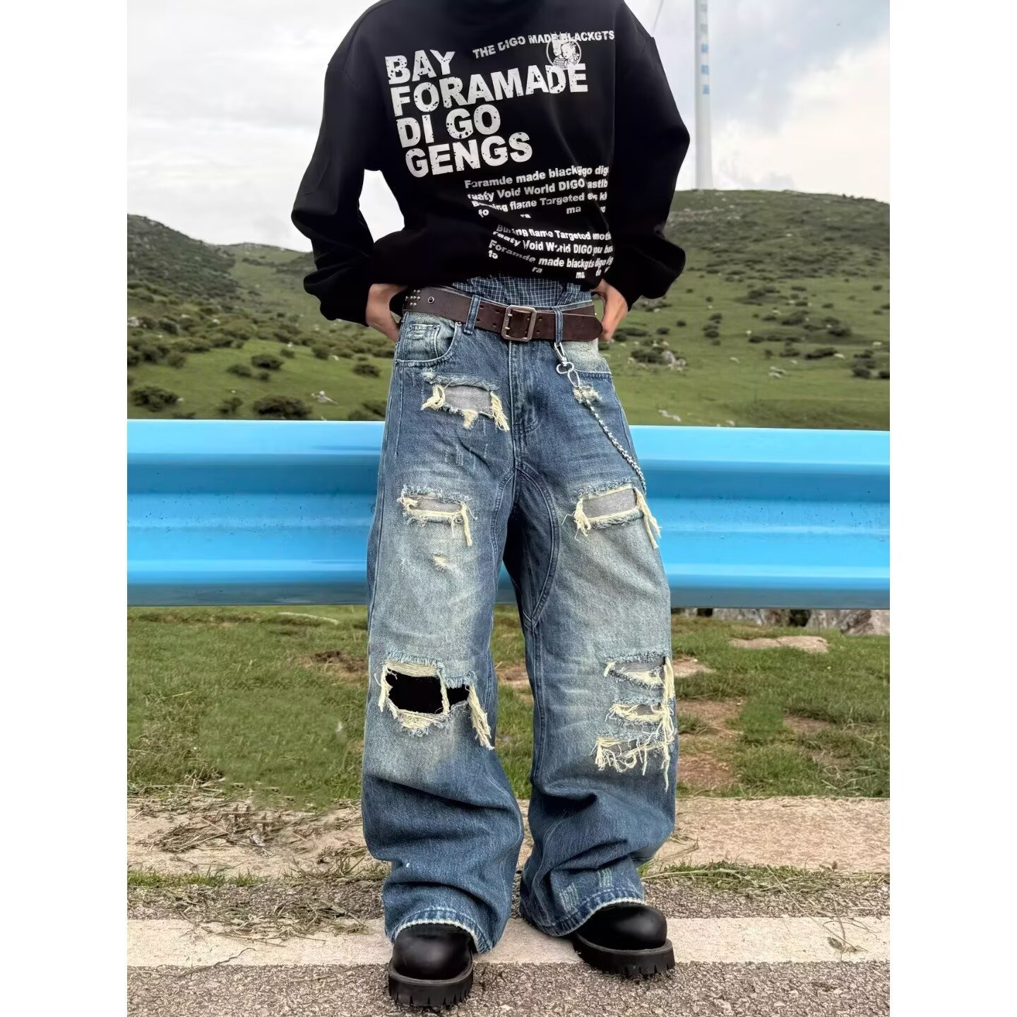 Men's Clothing Straight Leg Distressed Patched Denim Jeans Casual Edgy Loose Fit High Street Trendy Style_mkmklike.com