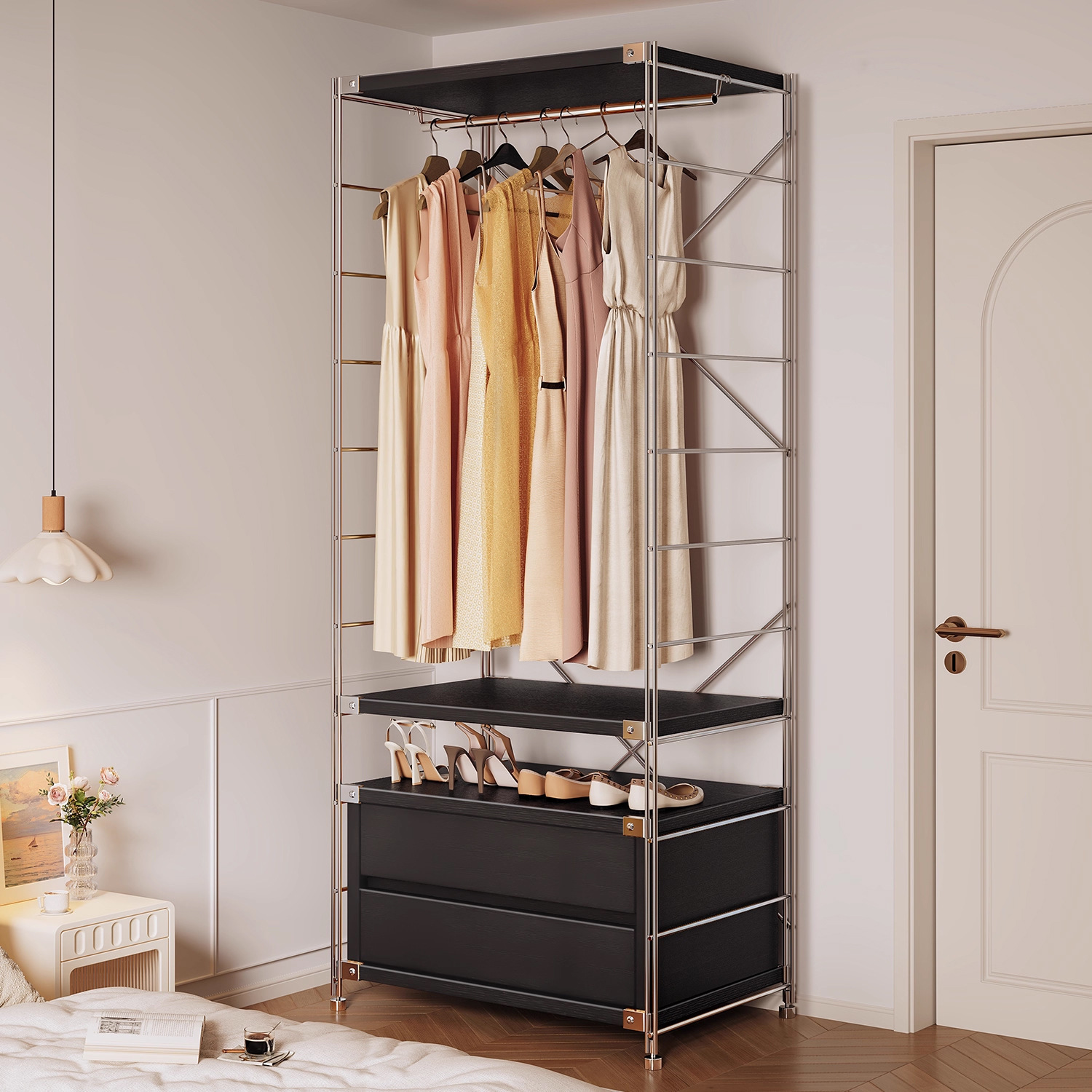 armario doméstico pequeño tipo dormitorio piso de ropa estante de almacenamiento de esquina estante de alquiler abierto estante de ropa