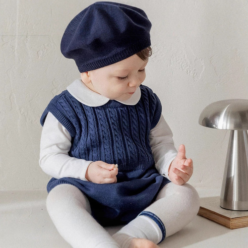 Ins Spring & Autumn Korean Version Baby Crawling Suit Pure Cotton Knitted Ribbed Shoulder Fastener Backless onesie with Hat