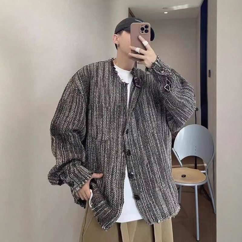 American Retro Collarless Knitted Long-Sleeved Shirt Men's Spring and Summer Vintage Lazy Style High-End Jacket