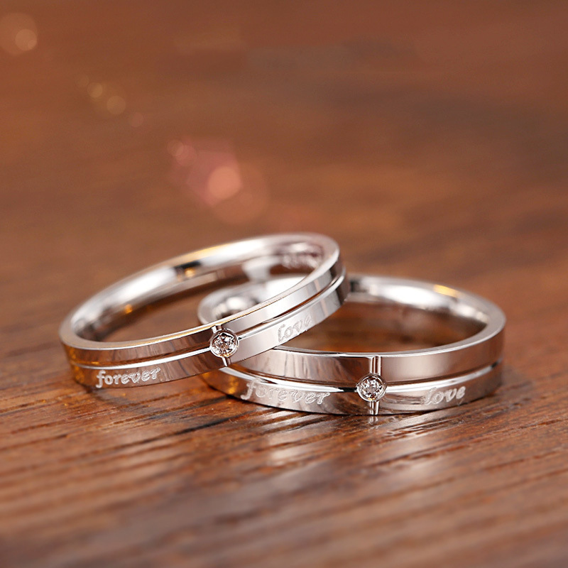 Bagues de couple Forever Pair avec diamants incrustés, lettre anglaise ouverte, style simple et élégant, symbole d'amour éternel_voghion.com