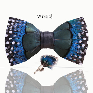 Simple 306 Black and White Dot Peacock Blue Feather Men's Hosting Groom Best Man Group Bow Wedding Bow in stock