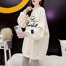 秋冬加绒加厚半高领拼接宽松卫衣女美式潮牌印花中长款遮屁股上衣