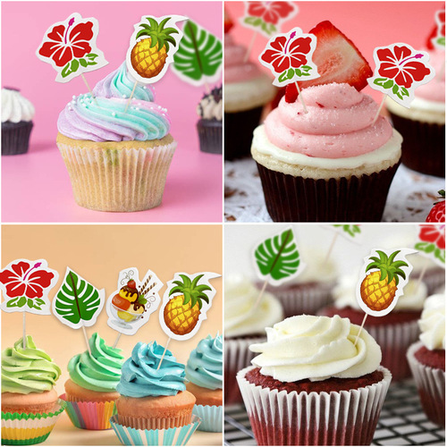 Hawaii Tropical Cake Dessert Stand Insert 16PCS Tortoise Shell Wood Hibiscus Flower Pineapple Ice Cream Skewers