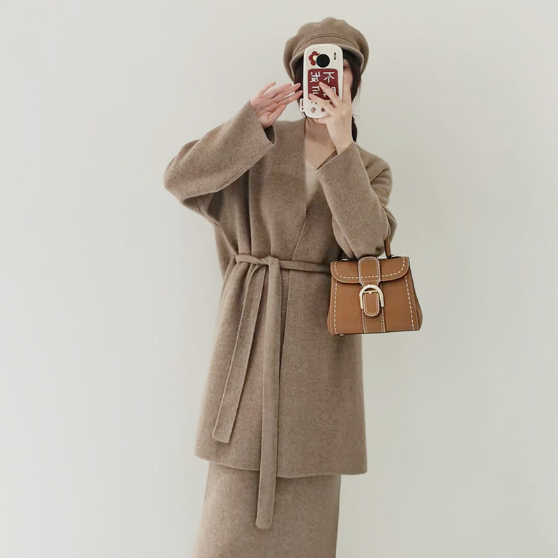 Non-Returnable and Non-Exchangeable New Pure Cashmere Cardigan Women's Mid-Length Thickeneded Belt Cardigan Versatile Knitted Outwear Jacket