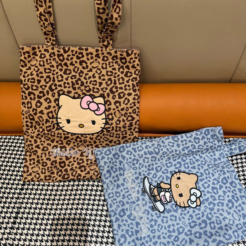 黑皮Hello Kitty全棉烫钻托特女士帆布大容量单肩包购物袋斜挎包|undefined