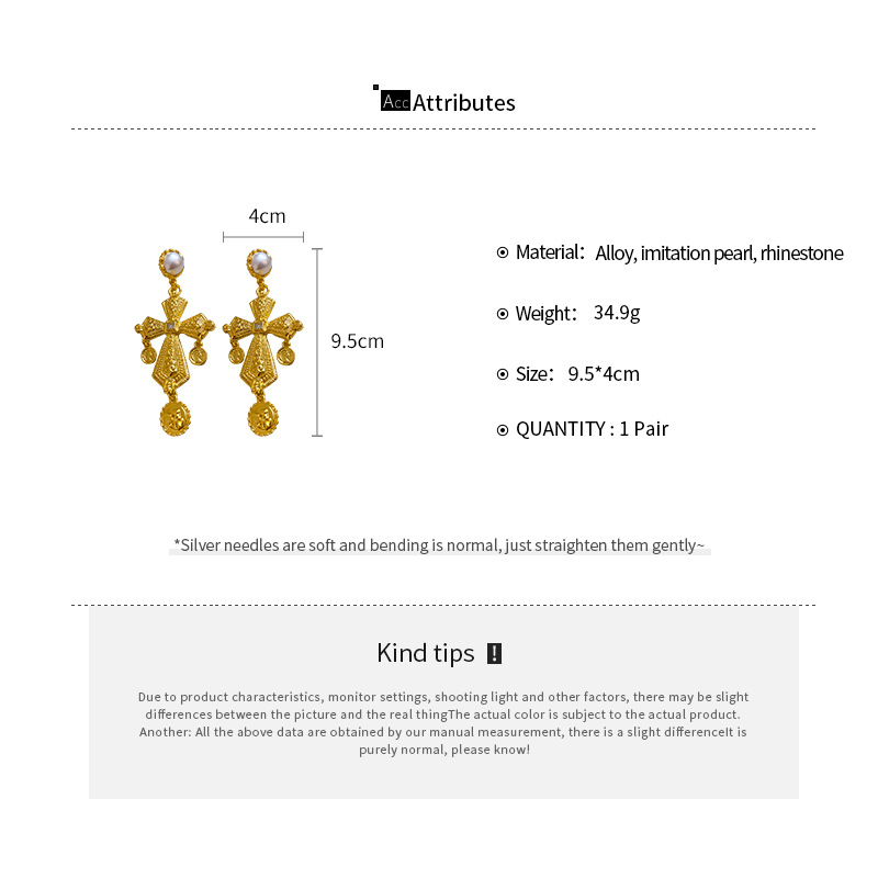 925 Sterling Silver Ear Needle Material 1 Pair Vintage Style Cross Plating Inlay Alloy Artificial Pearls Rhinestones Drop Earrings