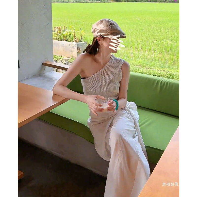 2025 новых летних женских топов в корейском стиле с открытым плечом, без рукавов, трикотажных, и широких брюк с высокой талией, утягивающих фигуру