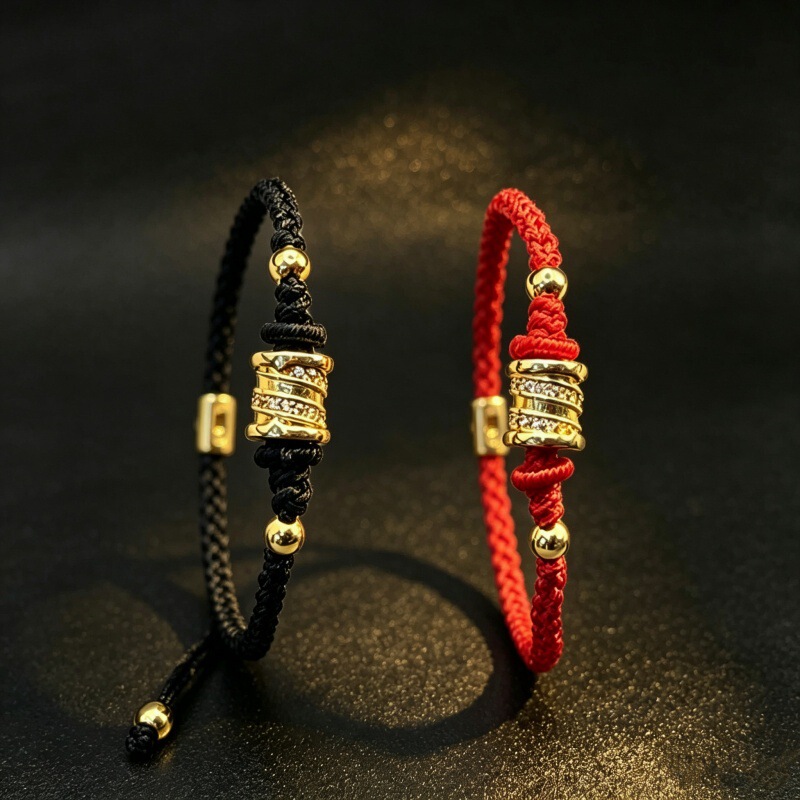 Slim Waist Bracelet with Fortune Beads, Woven Black and Gold Red Rope, Inlaid with Diamonds, Light Luxury, Versatile, High-End Feel, Elegant Hand Accessory