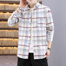 跨境外贸代发男士潮流衬衣上衣2024春季爆款休闲时尚格子学生衬衫