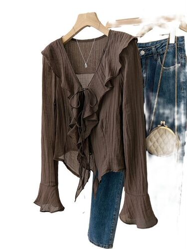 Design-featured ruffled flared long-sleeved shirt for women—autumn new arrival, Korean-style loose-fitting all-match cardigan.