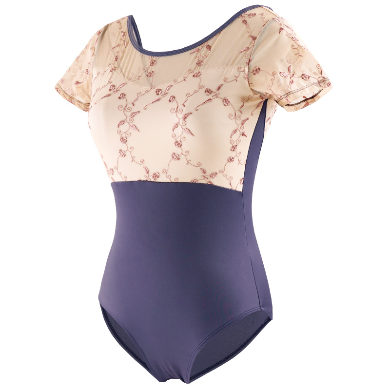 Ropa de baile para adultos de manga corta de espalda cruzada verano nuevo estilo ropa de cuerpo ropa de yoga aérea ropa de práctica de bordado de arte