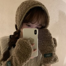 韩国东大门羊羔毛手套耳罩两件套冬季保暖可爱可触屏少女护耳护手