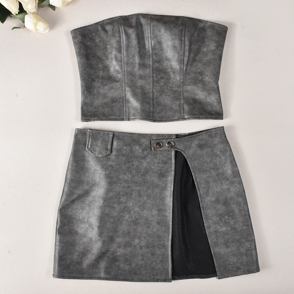 Slim Fit Wrapped Chest Sheath Split Faux Leather Skirt Set Women Clothing