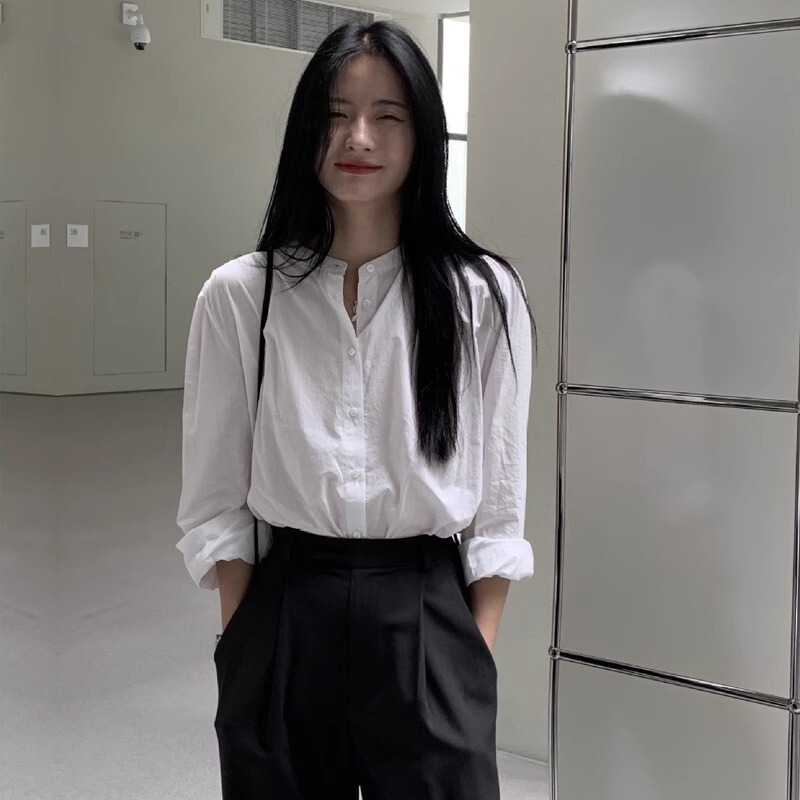 [Cotton] round neck white shirt women's long sleeve autumn 2024 spring and summer thin retro design niche shirt