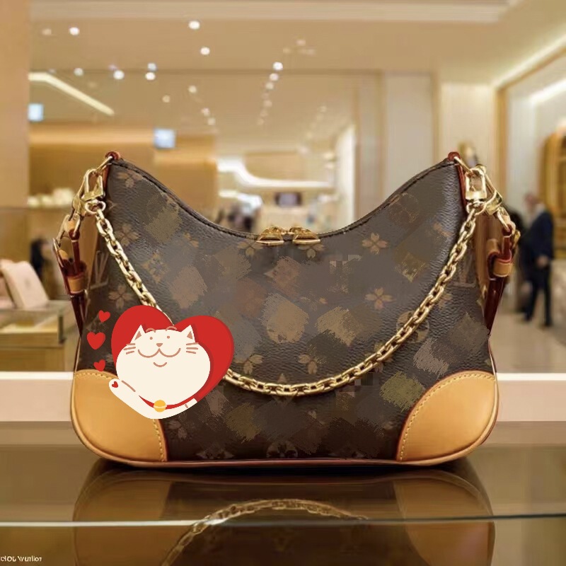 Authentic L-Shaped Croissant Bag with Label, Lv 2025 New Model, Genuine Leather V-Chain Shoulder Bag, Underarm Crossbody Handbag with Print