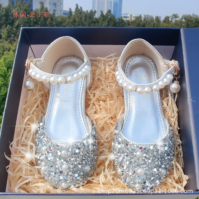 В наличии танцевальные туфли из говяжьих сухожилий Серебряные маленькие кожаные туфли для девочек Корейские одиночные туфли детское платье Туфли принцессы с кристаллами