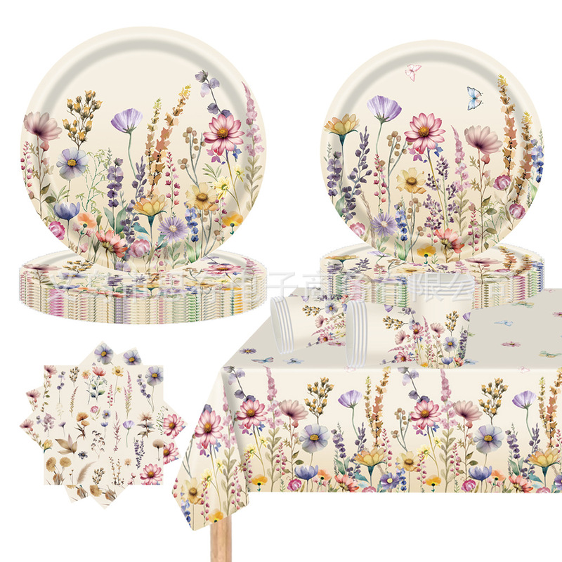New Autum Wildflower Theme Party Tableware Outdoor Picnic Party Scene Decoration Tablecloth Paper Cup Tissue Plate