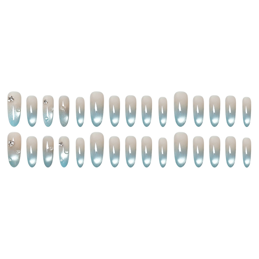 Uña alta sensación hecha a mano 30 piezas oval largo azul gradiente ojo de gato explosión de diamante flash manicura falsa pasta