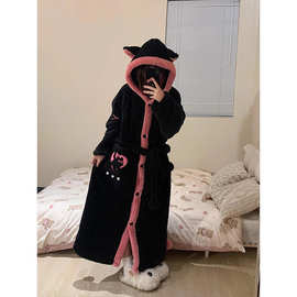 可爱甜美猫耳朵珊瑚绒睡衣女冬季新款大码加厚外穿家居服保暖睡袍