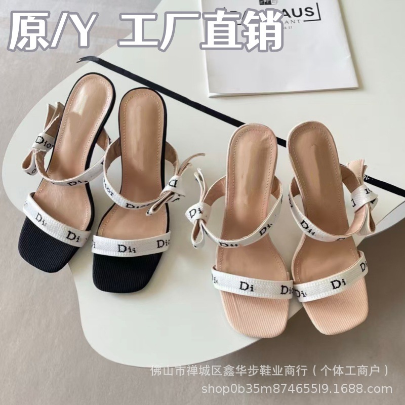 D brand bow high-heeled slippers for women, 2026 new summer model, square-toed versatile fashion one-strap sandals, large size