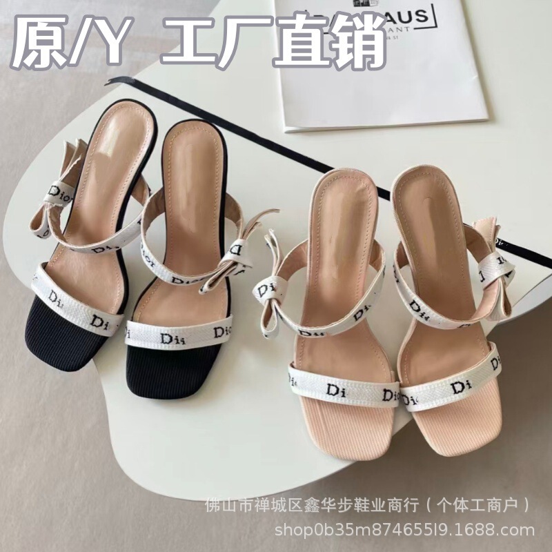 D brand bow high-heeled slippers for women, 2026 new summer model, square-toed versatile fashion one-strap sandals, large size D brand bow high-heeled slippers for women, 2026 new summer model, square-toed versatile fashion one-strap sandals, large size