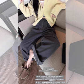 日系复古灰色设计感卷边休闲裤女秋冬新款宽松百搭直筒阔腿长裤子
