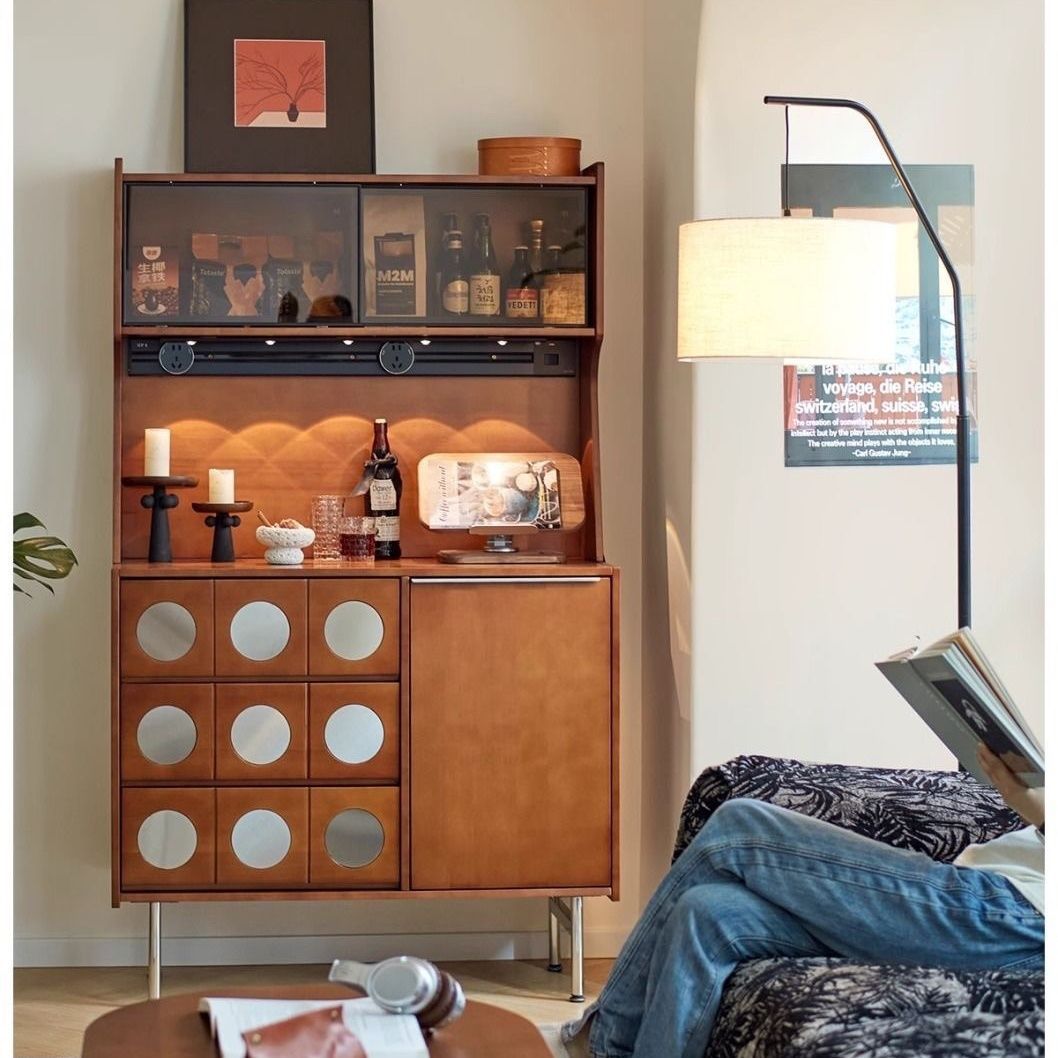 Nordic Retro Storage Cabinet with Integrated Antique Color for Dining Room, Wall-Mounted Entryway Tea Cabinet, Solid Wood Storage, Living Room Wine Cabinet, Tall Cabinet