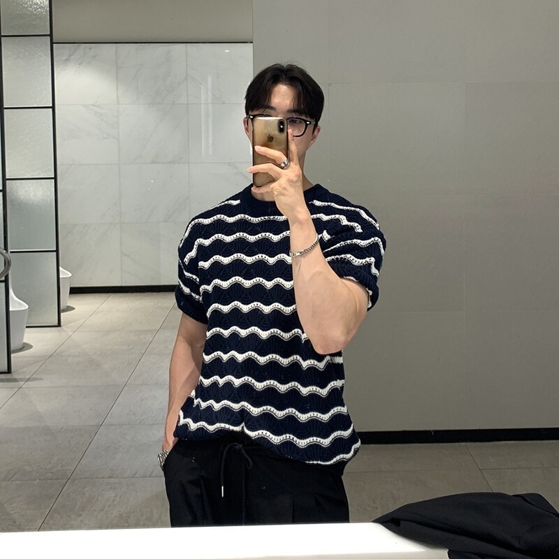 Cooling Short-Sleeve T-Shirt for Men, Summer Ice Silk Top, Korean Style, Stylish Loose T-Shirt, Hollow-Out Striped Knit Shirt Cooling Short-Sleeve T-Shirt for Men, Summer Ice Silk Top, Korean Style, Stylish Loose T-Shirt, Hollow-Out Striped Knit Shirt
