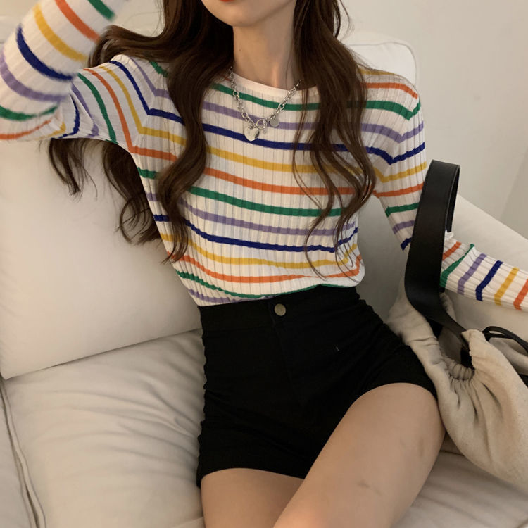 Spring and Autumn Base Layer Elastic Slim Fit Top Round Neck Hyuna Style Rainbow Striped Knit Pullover Women's Sweater