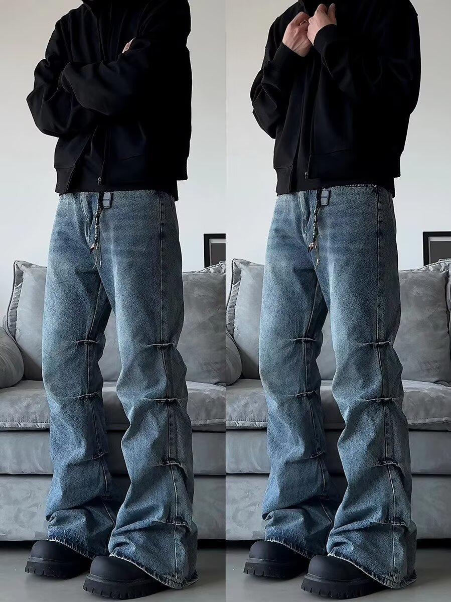 Men's Clothing high street side pleated design flared jeans loose distressed cleanfit wide leg trousers trend_voghion.com
