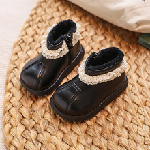 女童蕾丝边小童短靴秋冬新款加绒婴幼儿甜美公主靴宝宝外穿马丁靴